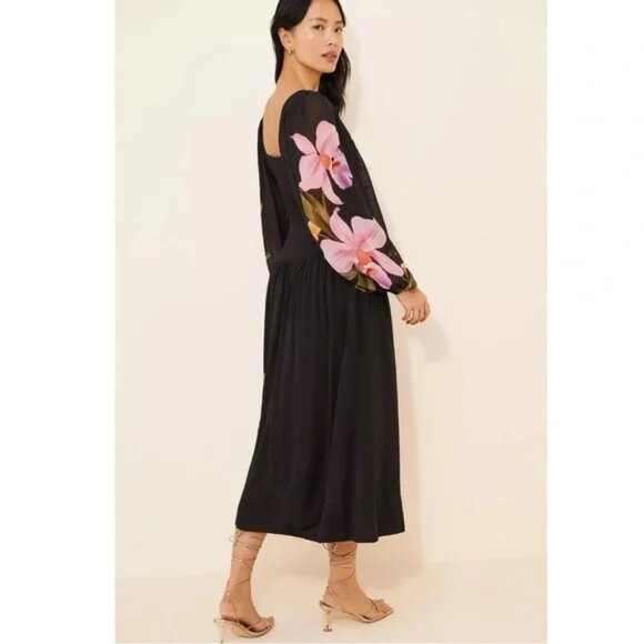 FARM Rio Embroidered Goddess Orchid Floral Bishop Sleeve Midi Dress Black XS - Picture 3 of 13